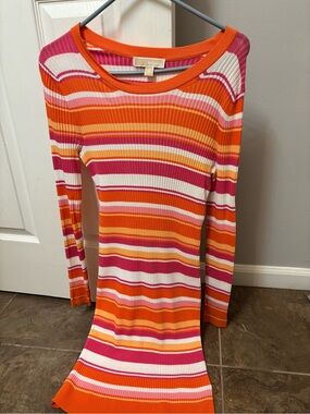 Michael Kors Striped Ribbed Knit Top in Orange, Pink, White